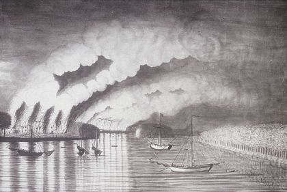 La seule image contemporaine de la déportation des Acadiens, avec le pillage et l'incendie de Grimrose (1758)