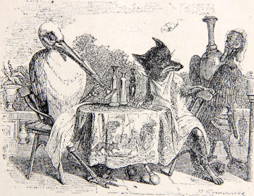 Illustration de Grandville pour Le Renard et la Cigogne de La Fontaine (I, 18)